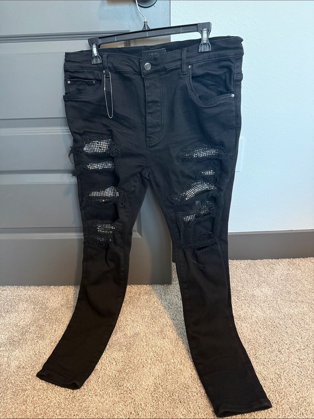 AMIRI Black Distressed Rhinestone Skinny Jeans